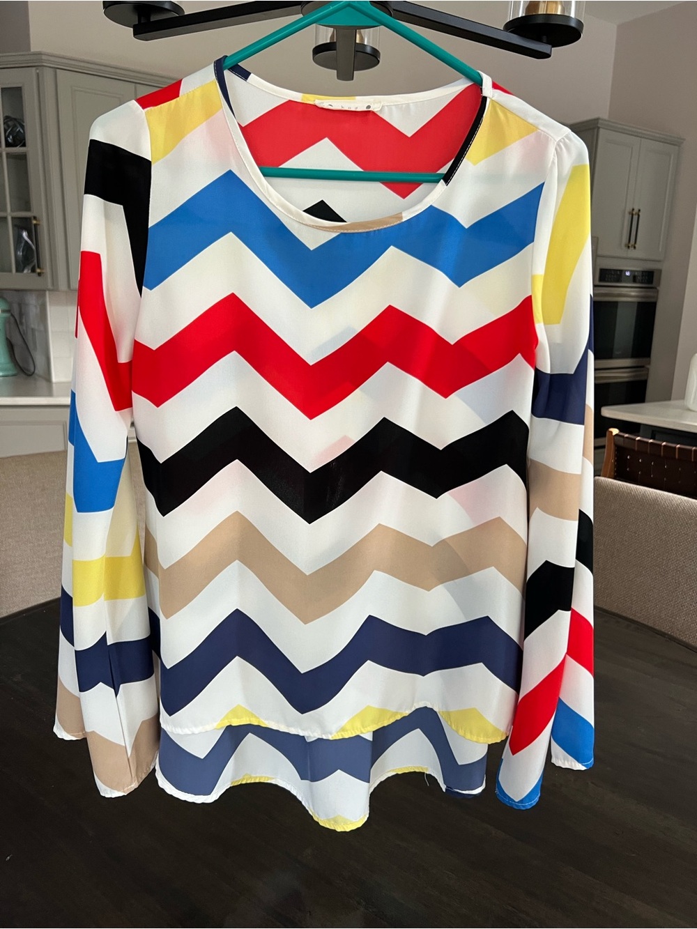 Multicolor Chevron Long-Sleeve Blouse - White with Red, Blue, Black & Tan